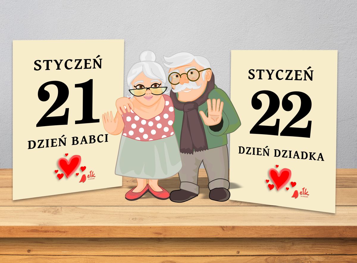 Na pierwszym planie grafika przedstawiająca babcię i dziadka z lewej strony kartka z kalenarza z datą 21 stycznia dzień babci z prawej kartka z kalenarza z datą 22 stycznia dzień dziadka